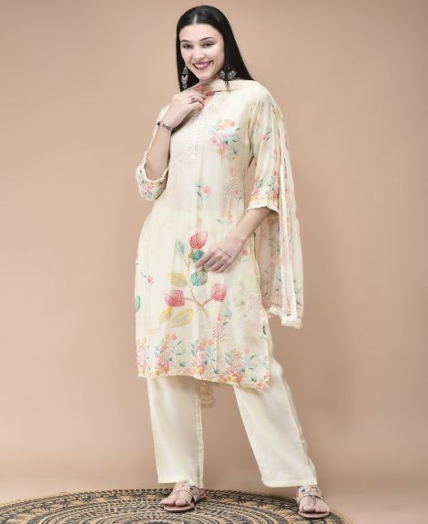 Shree Women Muslin Cream Placement Print Kurta Comfort Pant Dupatta